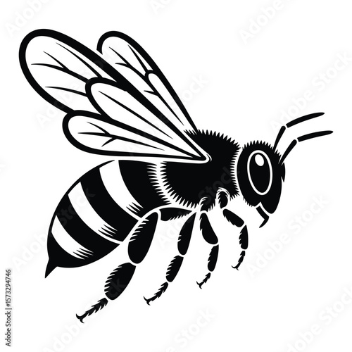 Stylized black and white bee flying in silhouette