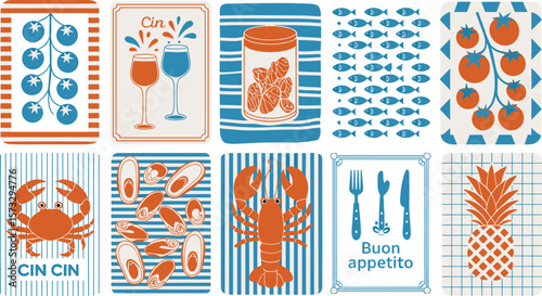 Vintage kitchen wall art print set with seafood, fruit, utensils, and drinks in retro colors, Italian cuisine style poster illustrations.