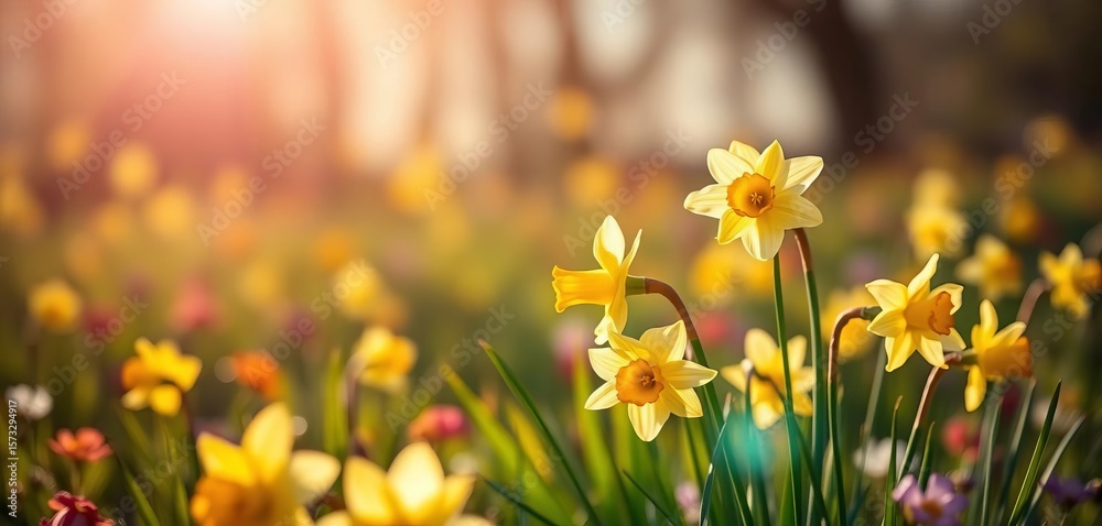 Obraz premium Sunlit daffodils in vibrant spring meadow, bokeh effect, bokeh, vibrant