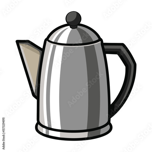 Classic silver metal coffee pot with black handle and lid