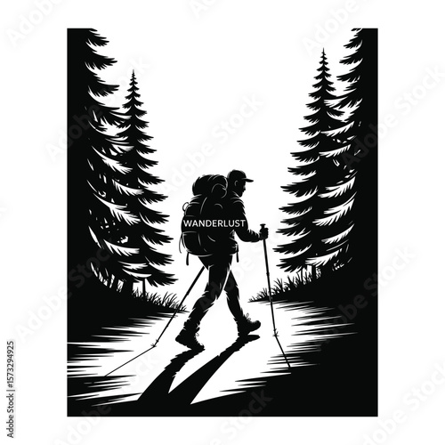 Man hiking through pine forest with backpack and poles silhouette