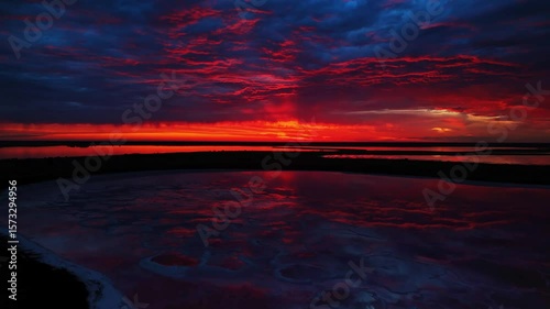 A Stunning Sunset Over Serene Calm Waters with Dramatic Clouds Illuminating the Sky