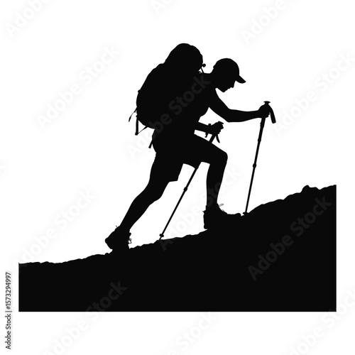 Hiker with backpack and poles climbing a rocky slope silhouette