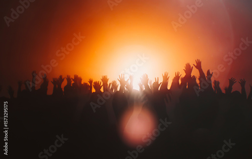 Crowd of people silhouette, cheerful fans people. Big event, concert or sport. Background abstract.