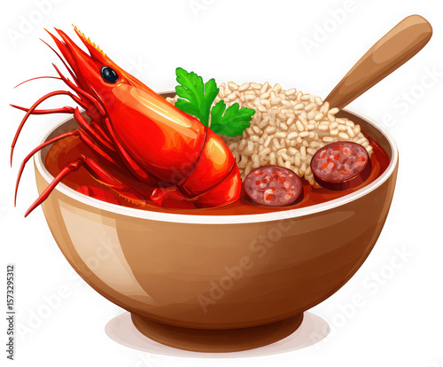 Delicious shrimp and sausage gumbo in a bowl isolated on transparent background
