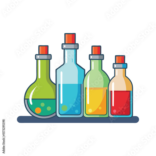 Four colorful glass laboratory bottles with stoppers containing liquids on a shelf