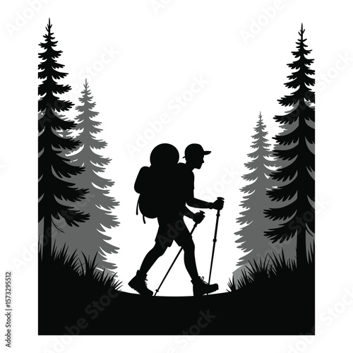 Hiker with backpack and poles walks through forest silhouette