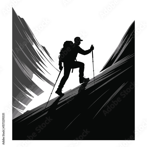 Man hiking up a steep mountain slope with trekking poles silhouette