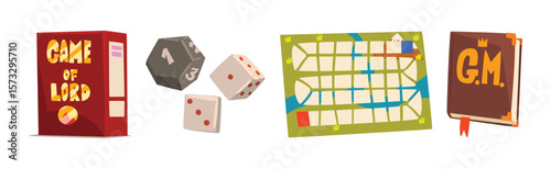 Game of Lord with Dice, Map and Guide Book Vector Set