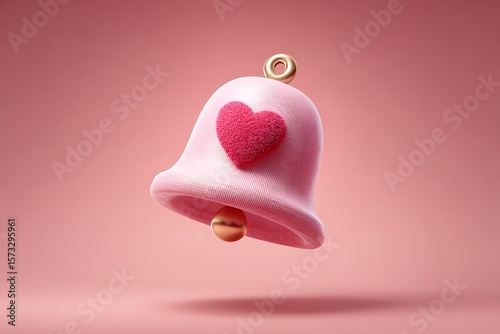 A whimsical pink bell adorned with a textured red heart and a golden loop floats against a soft pink background