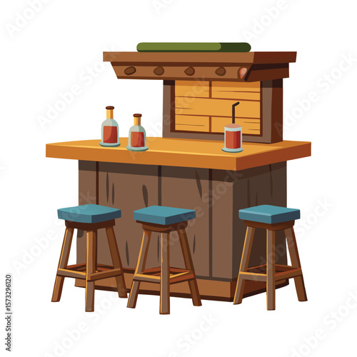 Rustic wooden bar counter with three stools and drinks in a saloon setting