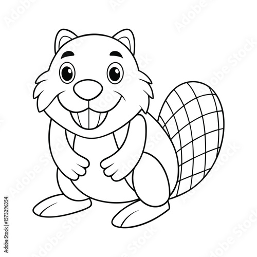 Busy beaver building a wooden dam for kids coloring book Vector illustration
