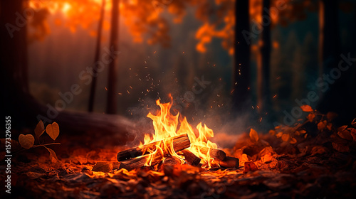 Close-up of a vibrant campfire in an autumn forest. Sparks fly as the flames dance, surrounded by fallen leaves and warm evening light. Autumn background with copy space
