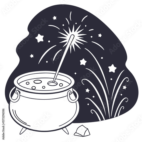 Illustration of a cauldron with a potion and a sparkler against a dark starry background design art