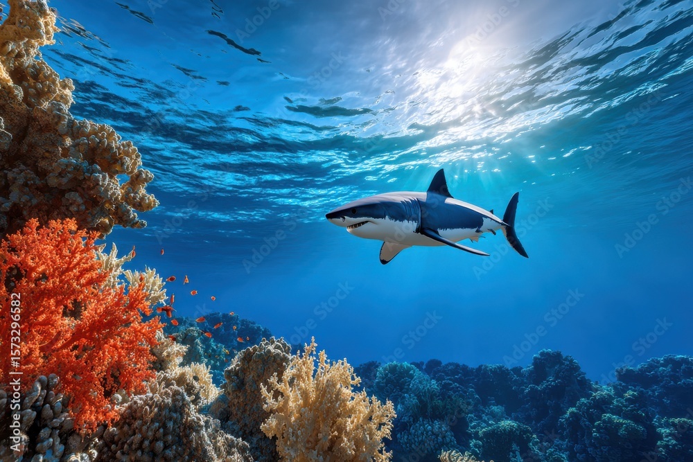 Fototapeta premium Majestic shark gliding through vibrant coral reef under rays of sunlight in a tranquil ocean setting