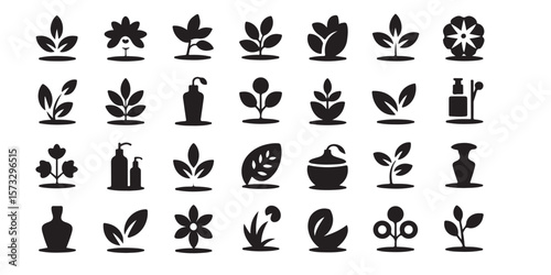 A set of various black and white floral and leaf icons arranged in rows on a white background