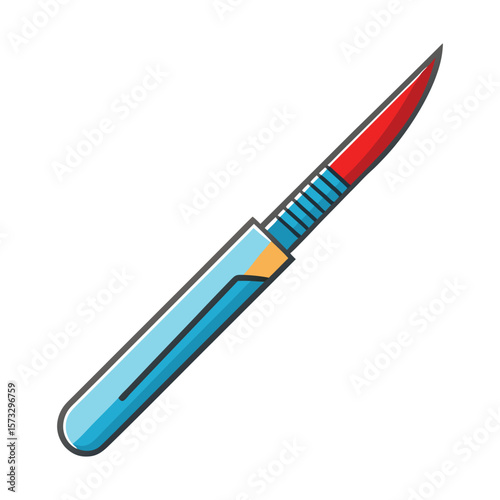 Modern scalpel with red blade and blue handle isolated on white background