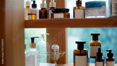 Collection of elegant skincare products displayed on a wooden shelf in a bright, inviting space