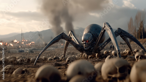 Spider-like metal robot and a lot of human skulls. Post-nuclear war dystopian future
