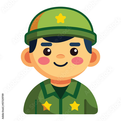 Cartoon illustration of a friendly smiling young soldier in a green uniform with a star