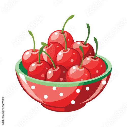 Fresh ripe cherries overflowing in a decorative red polka dot bowl