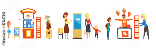 Sales Promotion with Man and Woman Promoter Character Advertising Products or Services Vector Set