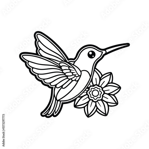 Hummingbird hovering over flowers for kids coloring book Vector illustration