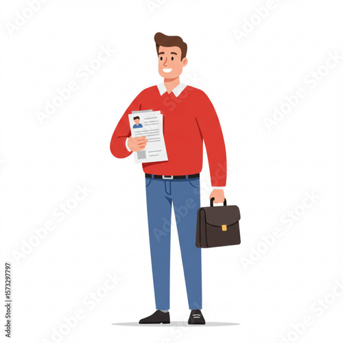 Smiling man holding resume and briefcase, ready for a job interview.