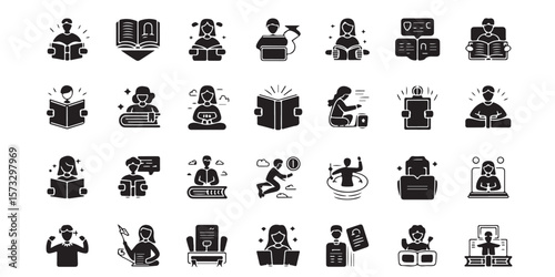 Collection of black and white icons depicting reading studying and learning activities in various forms