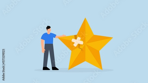 4k animation of businessman fix broken rating star with bandage.