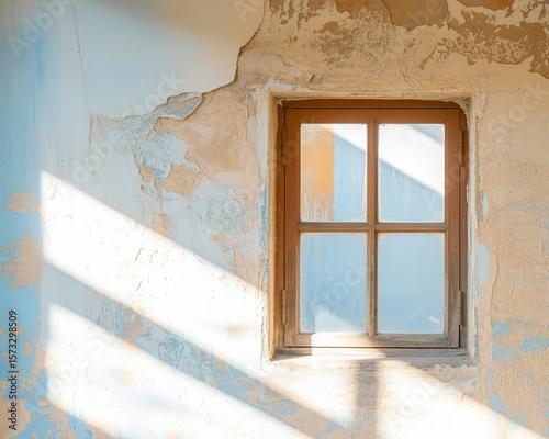 Rustic Window with Peeling Paint and Sunlit Shadows