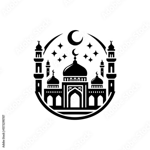 Mosque emblem, crescent moon, stars, night scene, Islamic architecture.