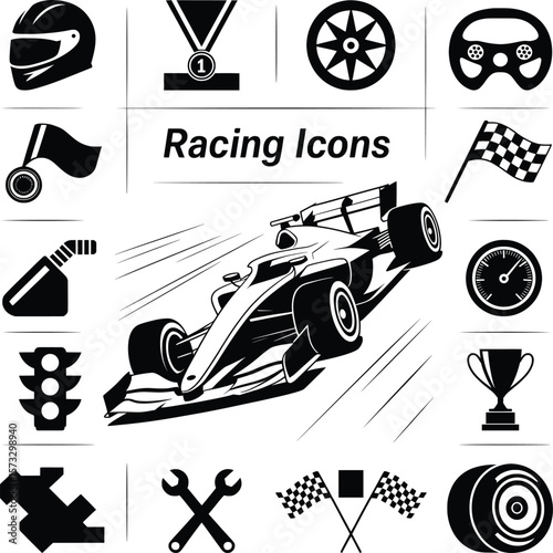 Formula Racing Icons Set with Car, Flags, Helmet, Trophy, and Tools.


