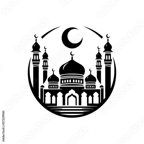 Mosque silhouette at night, crescent moon, Islamic architecture emblem.