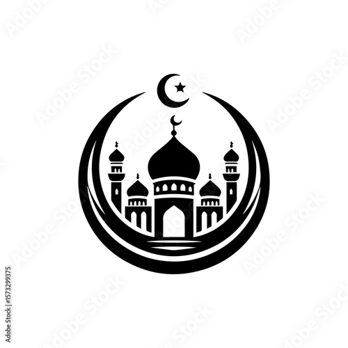 Black and white illustration of a mosque with minarets and a crescent moon, enclosed in a circular design.