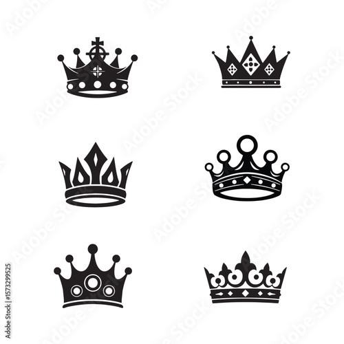 Regal Crown Collection A Variety of Decorative Crowns Depicted in Black and White Vector Style Images on a White Background .