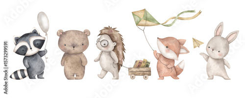 Woodland friends. Watercolor hand-drawn clip art with forest animals - bear, bunny, fox, raccoon, hedgehog. For design baby partyes, baby shower, birthday, and nursery.