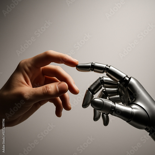 A human hand gently touching fingertips with a sleek, silver robotic hand