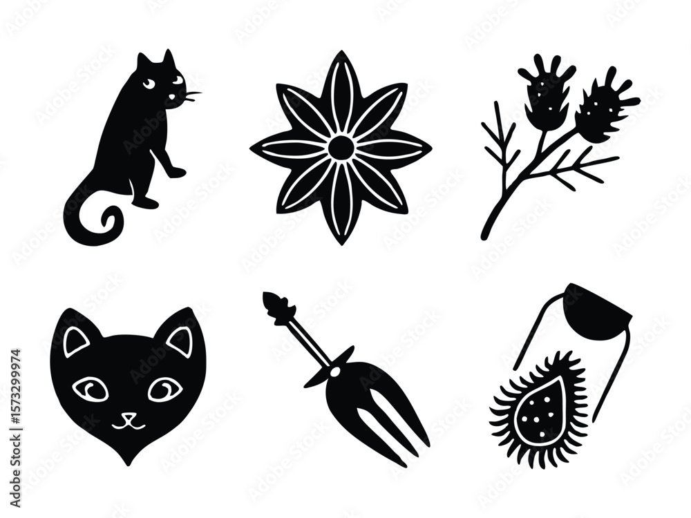 Obraz premium Black Silhouette Icons of Cats, Plants, and Garden Tools