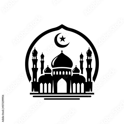 Elegant mosque silhouette emblem, crescent moon, star, Islamic architecture design.