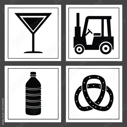 Martini glass forklift bottle pretzel icons vector