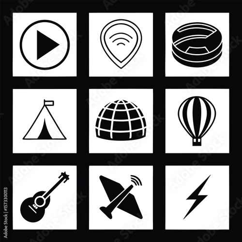Play button location signal volleyball tent globe hot air balloon guitar airplane lightning