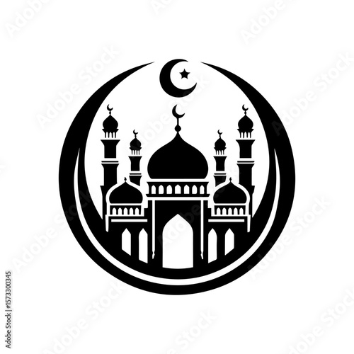 Islamic mosque icon, crescent moon, star, architectural design, religious symbol.