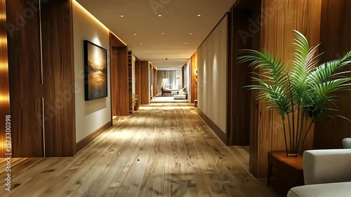 Elegant Hotel Interior Long Hallway with Wooden Accents and Artwork Scenic Ambience