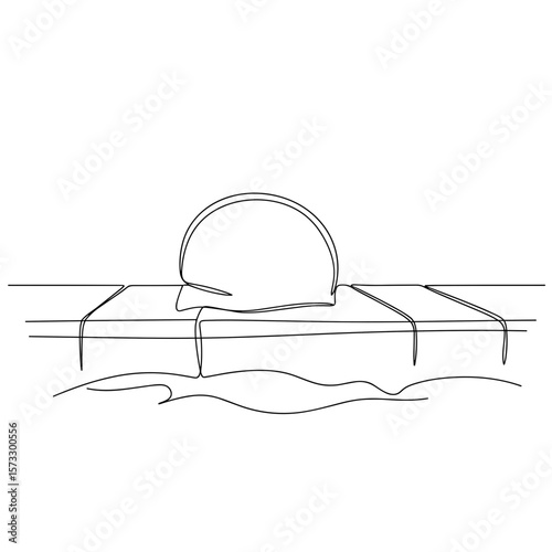 Swimming cap on edge of pool with waves in minimalist style  