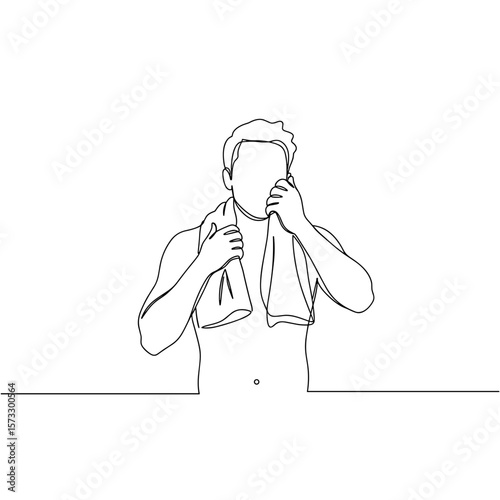 Man cooling off with towel and wiping face in minimalist style  