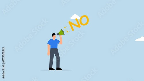 4k animation of confident businessman speaks loudly in megaphone with the word No to his boss.