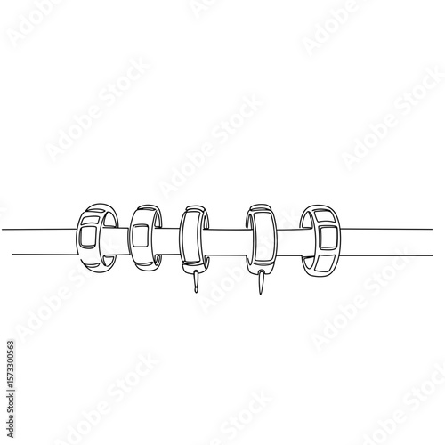 Wristbands displayed on wooden shelf in minimalist line art style  
