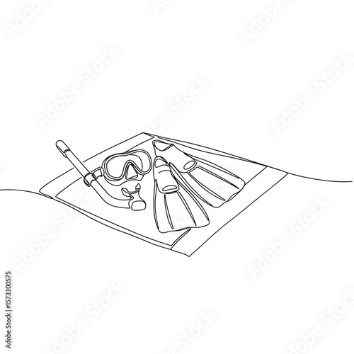 Snorkel and fins on beach towel in minimalist line art style  