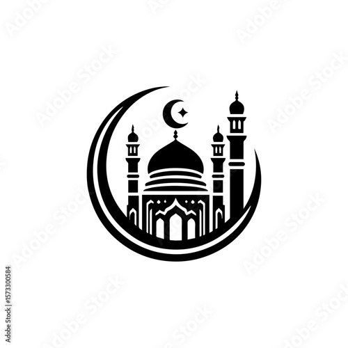 Silhouette of a mosque with minarets, dome, and crescent moon, enclosed in a circular frame.